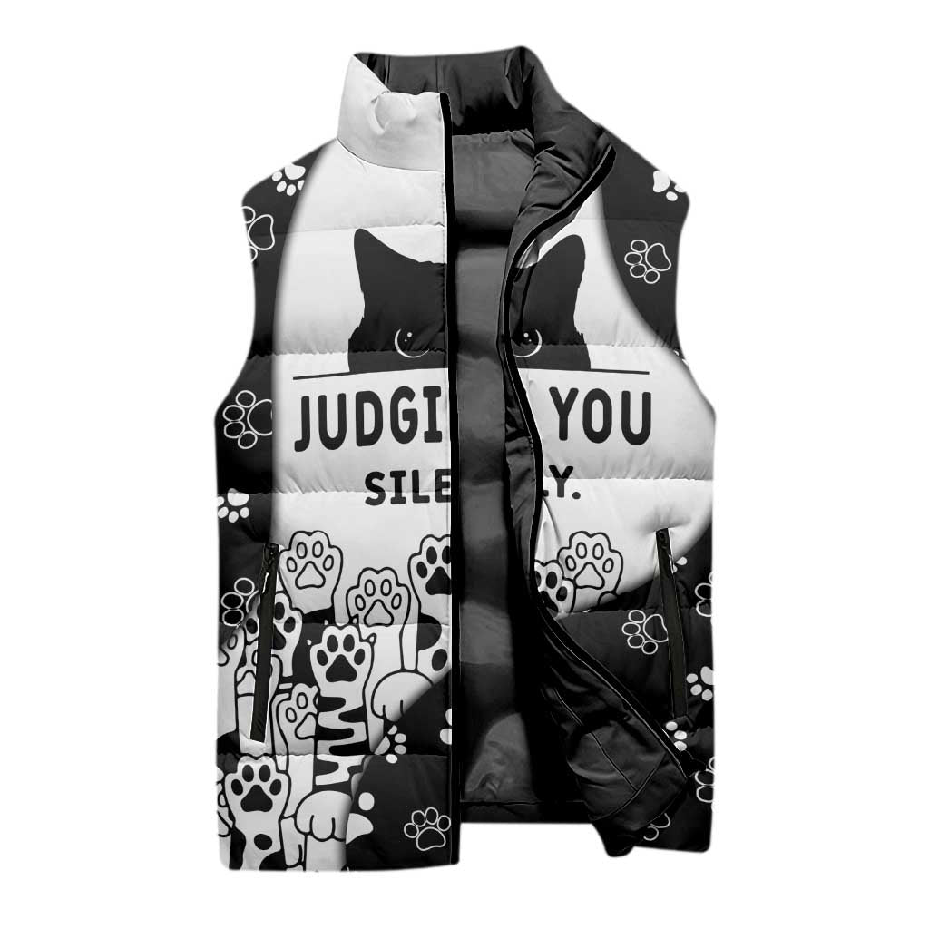 Judging You Silently Sleeveless Puffer Jacket Black Cat Playful Monochrome Paw Print