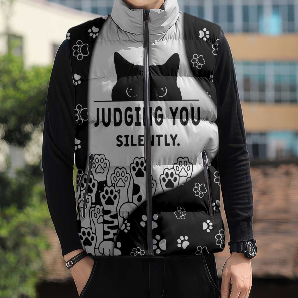 Judging You Silently Sleeveless Puffer Jacket Black Cat Playful Monochrome Paw Print