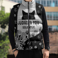 Judging You Silently Sleeveless Puffer Jacket Black Cat Playful Monochrome Paw Print