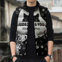Judging You Silently Sleeveless Puffer Jacket Black Cat Playful Monochrome Paw Print