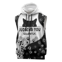 Judging You Silently Sleeveless Zip Hoodie Black Cat Playful Monochrome Paw Print