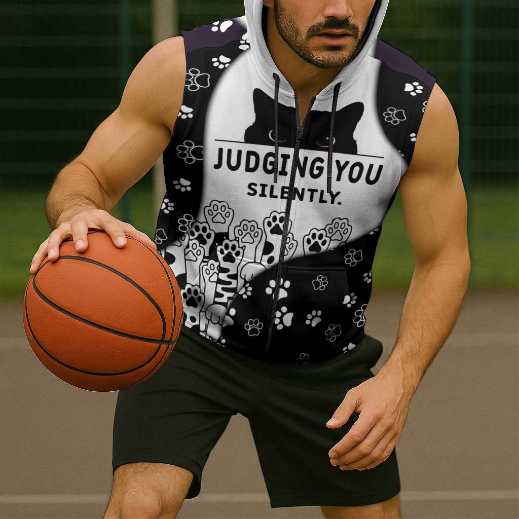 Judging You Silently Sleeveless Zip Hoodie Black Cat Playful Monochrome Paw Print