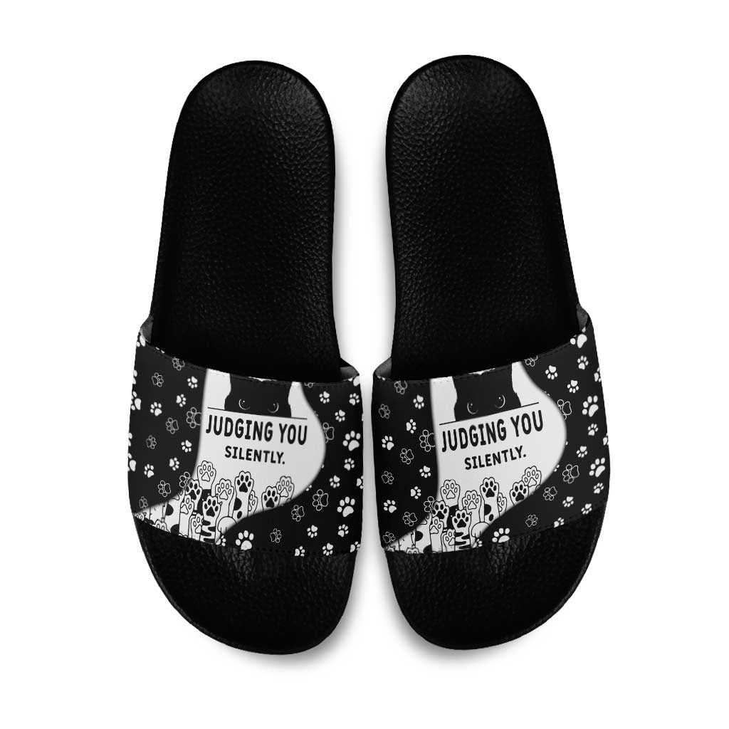 Judging You Silently Slide Sandals Black Cat Playful Monochrome Paw Print