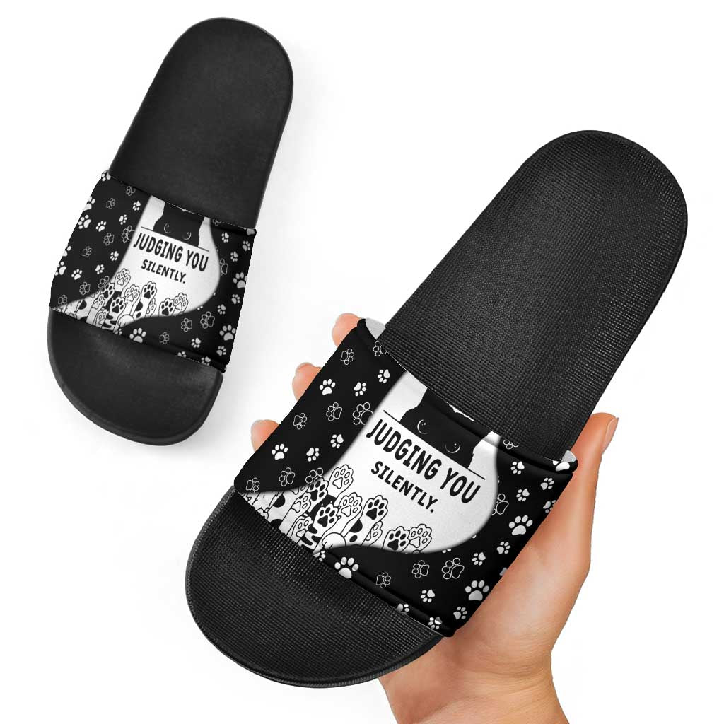 Judging You Silently Slide Sandals Black Cat Playful Monochrome Paw Print