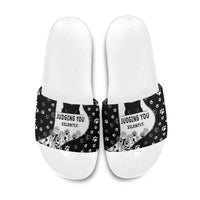 Judging You Silently Slide Sandals Black Cat Playful Monochrome Paw Print