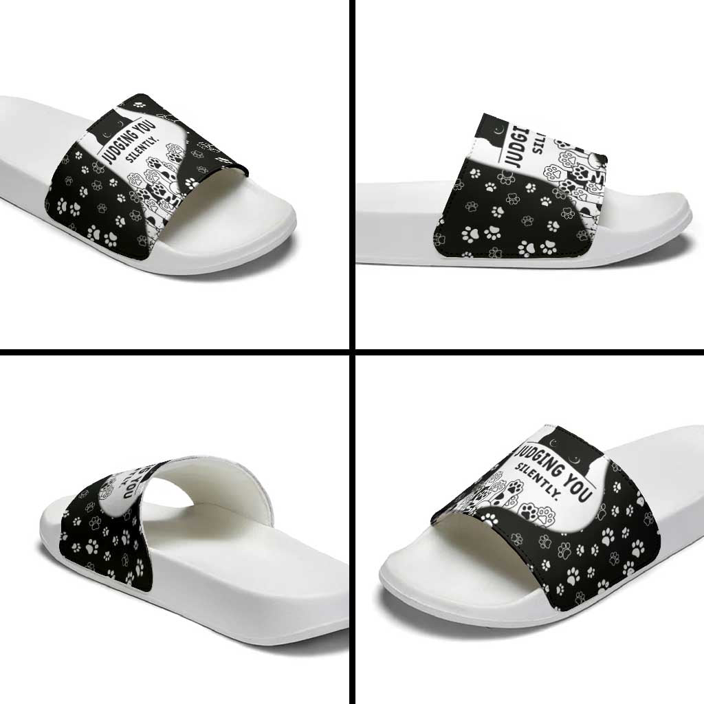Judging You Silently Slide Sandals Black Cat Playful Monochrome Paw Print