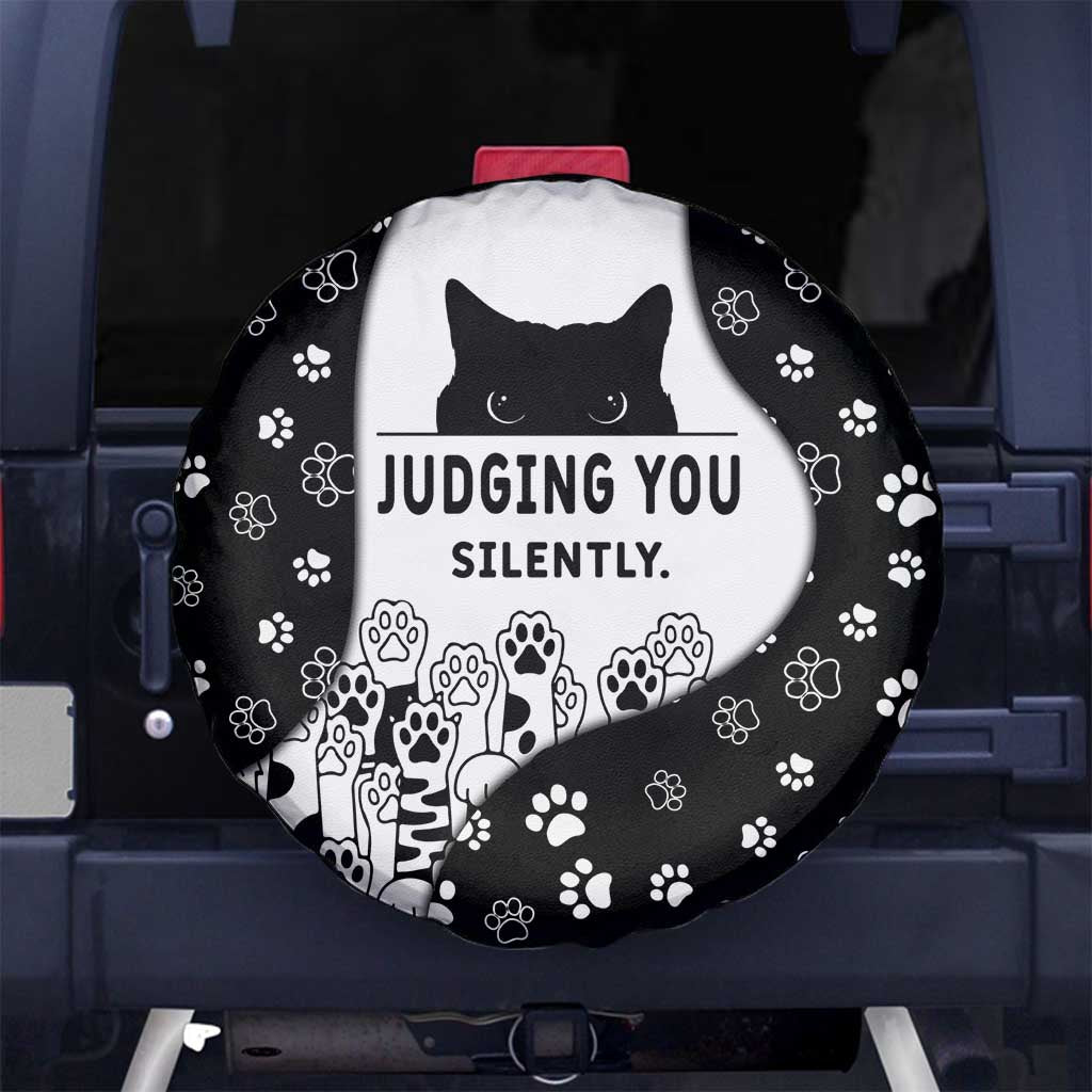 Judging You Silently Spare Tire Cover Black Cat Playful Monochrome Paw Print