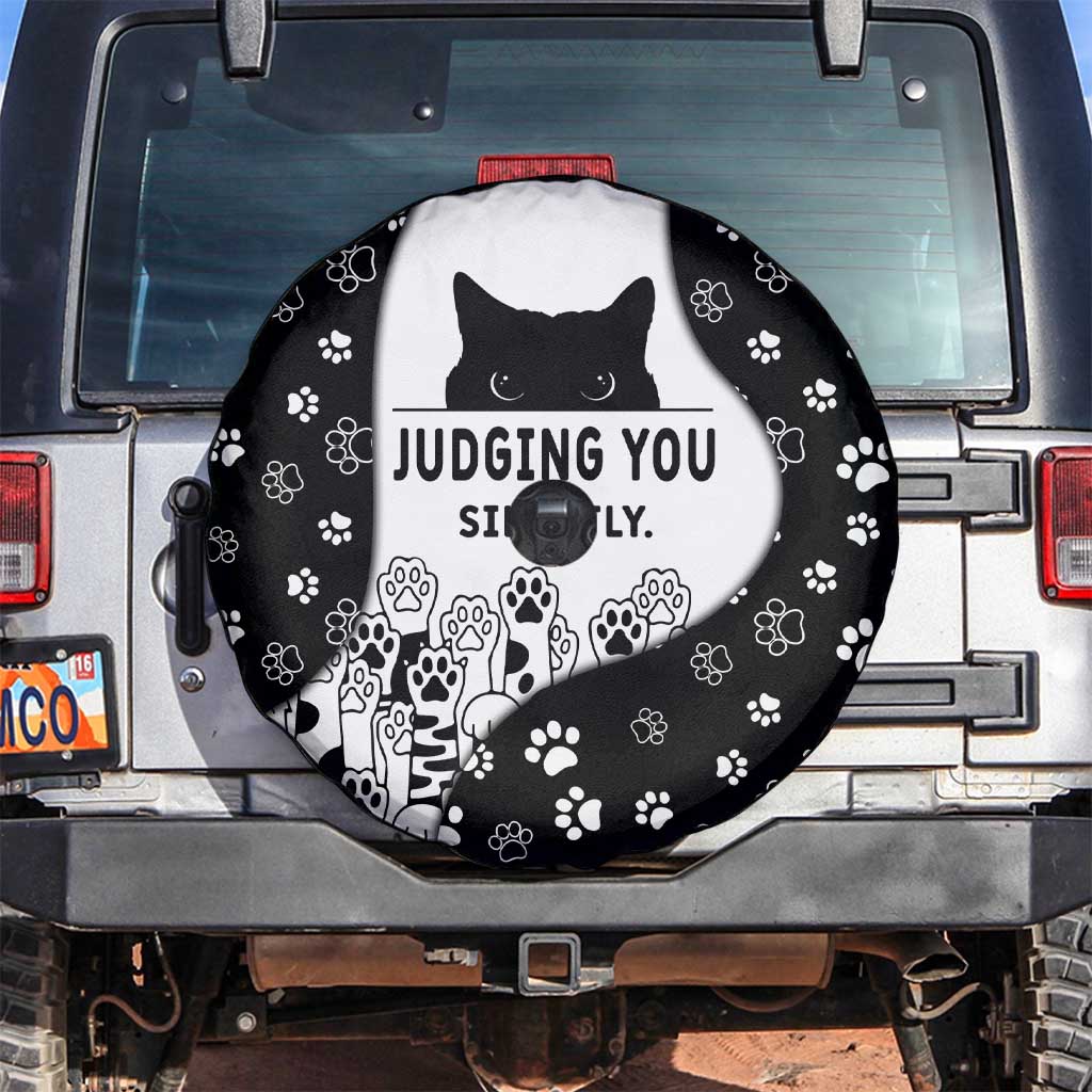 Judging You Silently Spare Tire Cover Black Cat Playful Monochrome Paw Print
