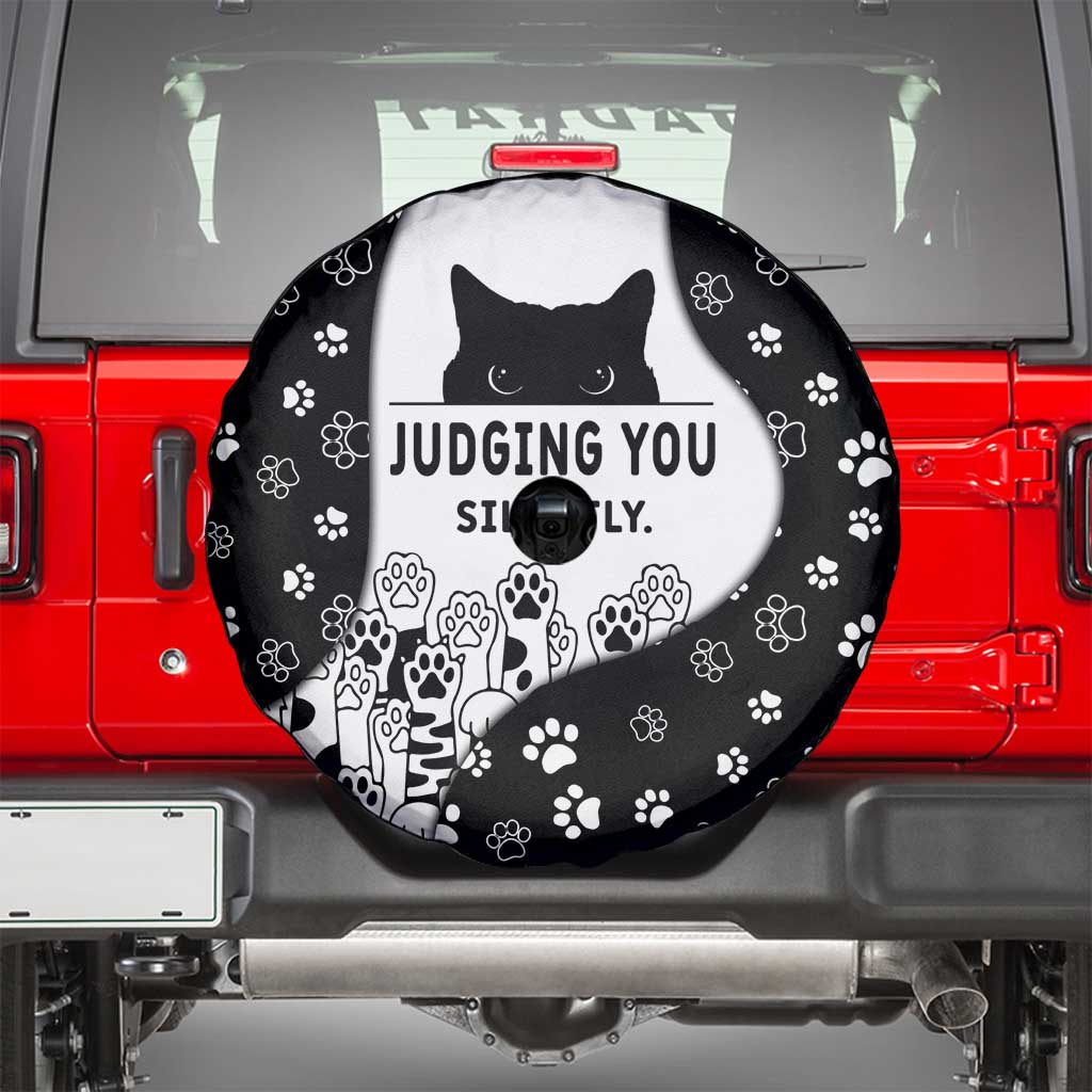 Judging You Silently Spare Tire Cover Black Cat Playful Monochrome Paw Print