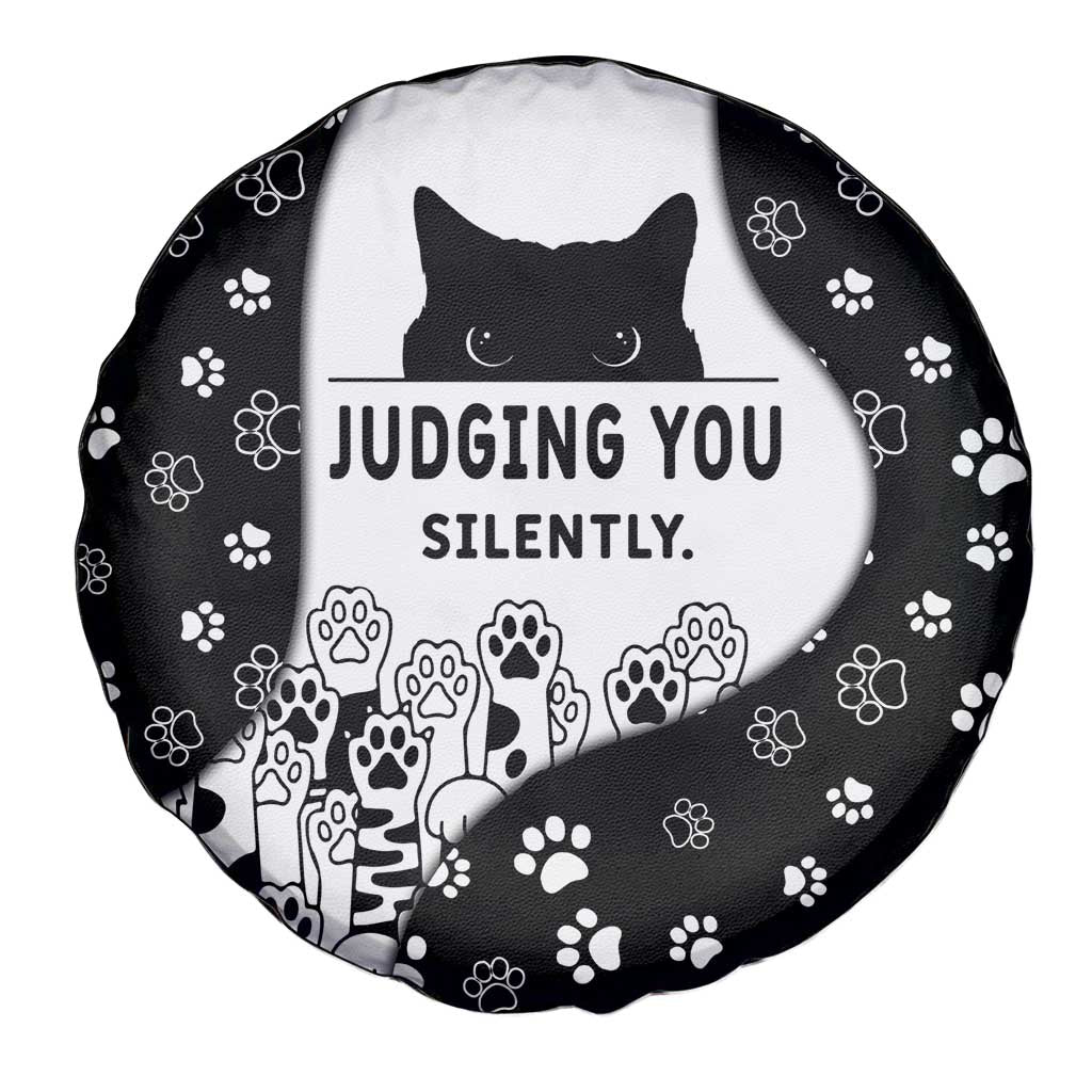 Judging You Silently Spare Tire Cover Black Cat Playful Monochrome Paw Print