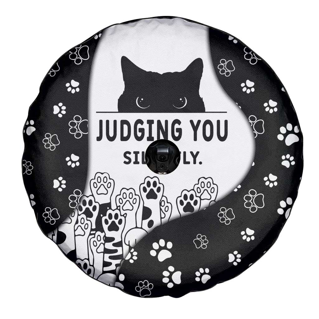 Judging You Silently Spare Tire Cover Black Cat Playful Monochrome Paw Print