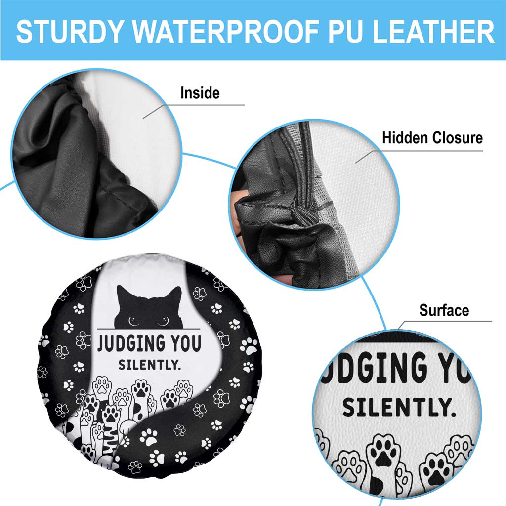 Judging You Silently Spare Tire Cover Black Cat Playful Monochrome Paw Print