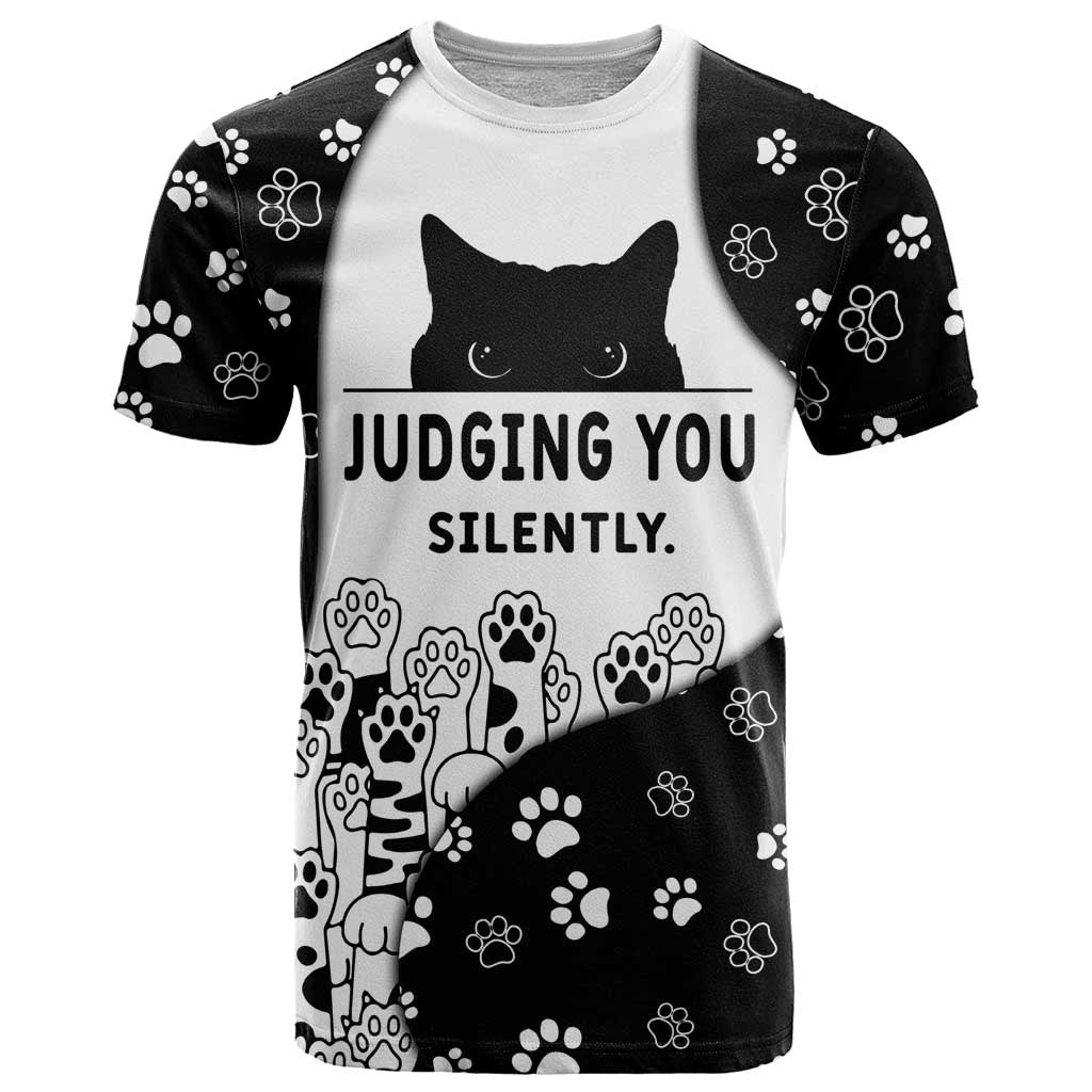 Judging You Silently T Shirt Black Cat Playful Monochrome Paw Print