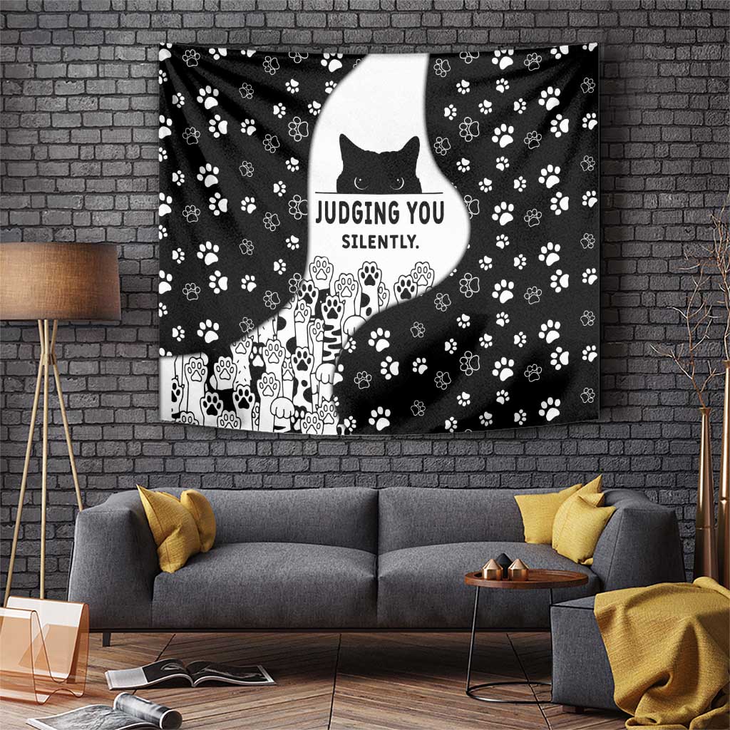 Judging You Silently Tapestry Black Cat Playful Monochrome Paw Print