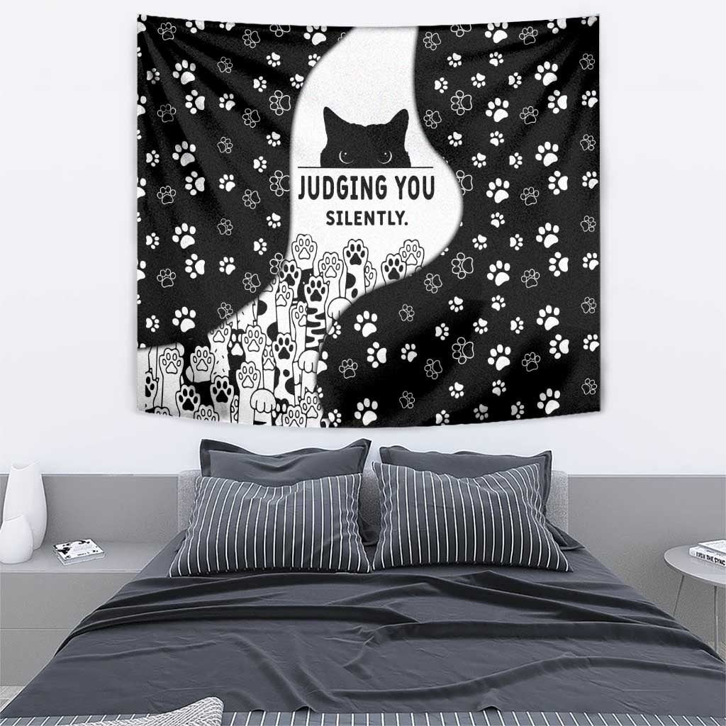 Judging You Silently Tapestry Black Cat Playful Monochrome Paw Print