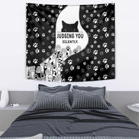 Judging You Silently Tapestry Black Cat Playful Monochrome Paw Print