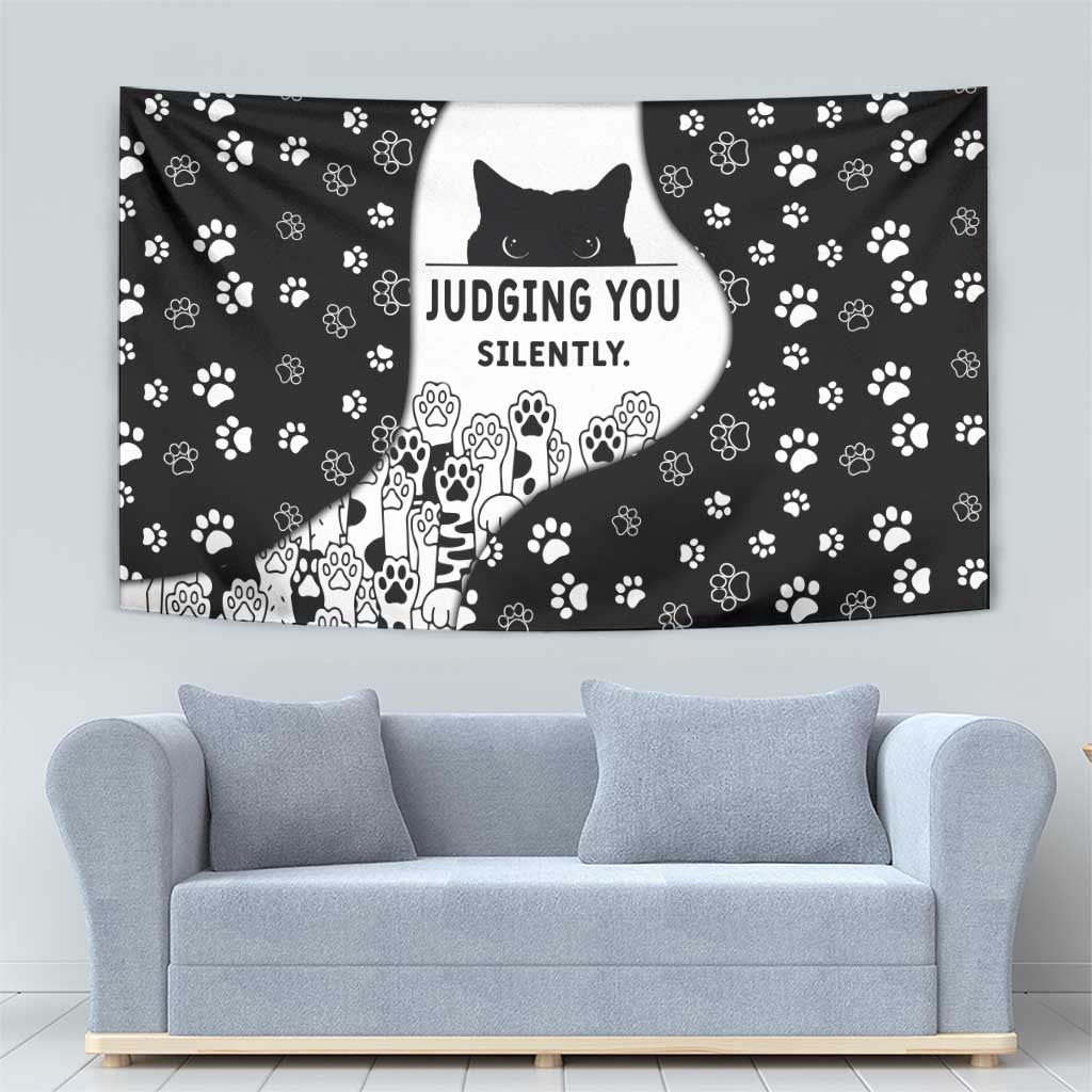 Judging You Silently Tapestry Black Cat Playful Monochrome Paw Print