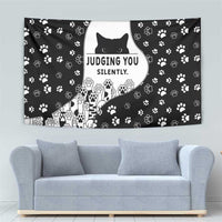 Judging You Silently Tapestry Black Cat Playful Monochrome Paw Print