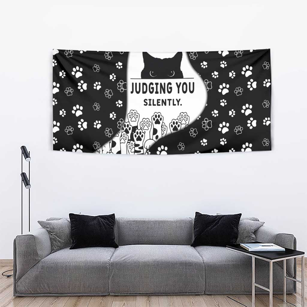 Judging You Silently Tapestry Black Cat Playful Monochrome Paw Print