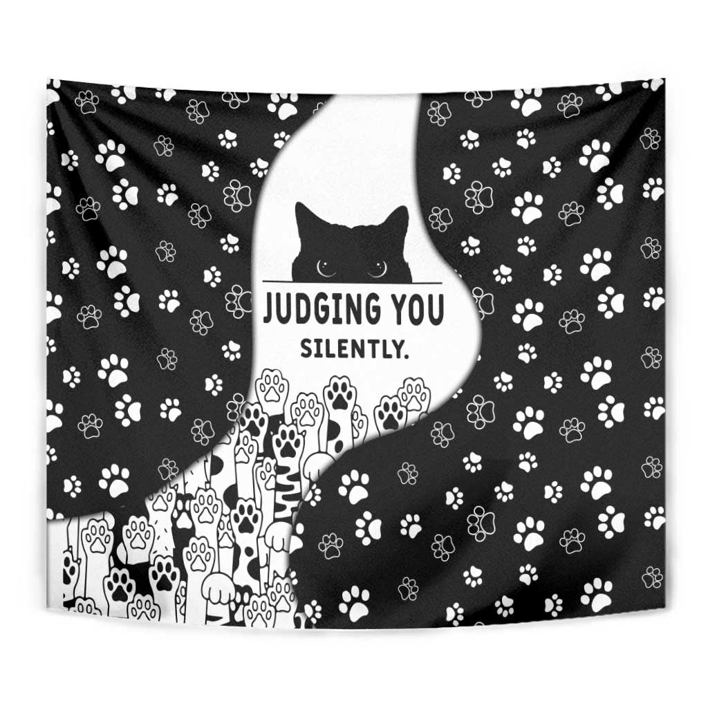Judging You Silently Tapestry Black Cat Playful Monochrome Paw Print