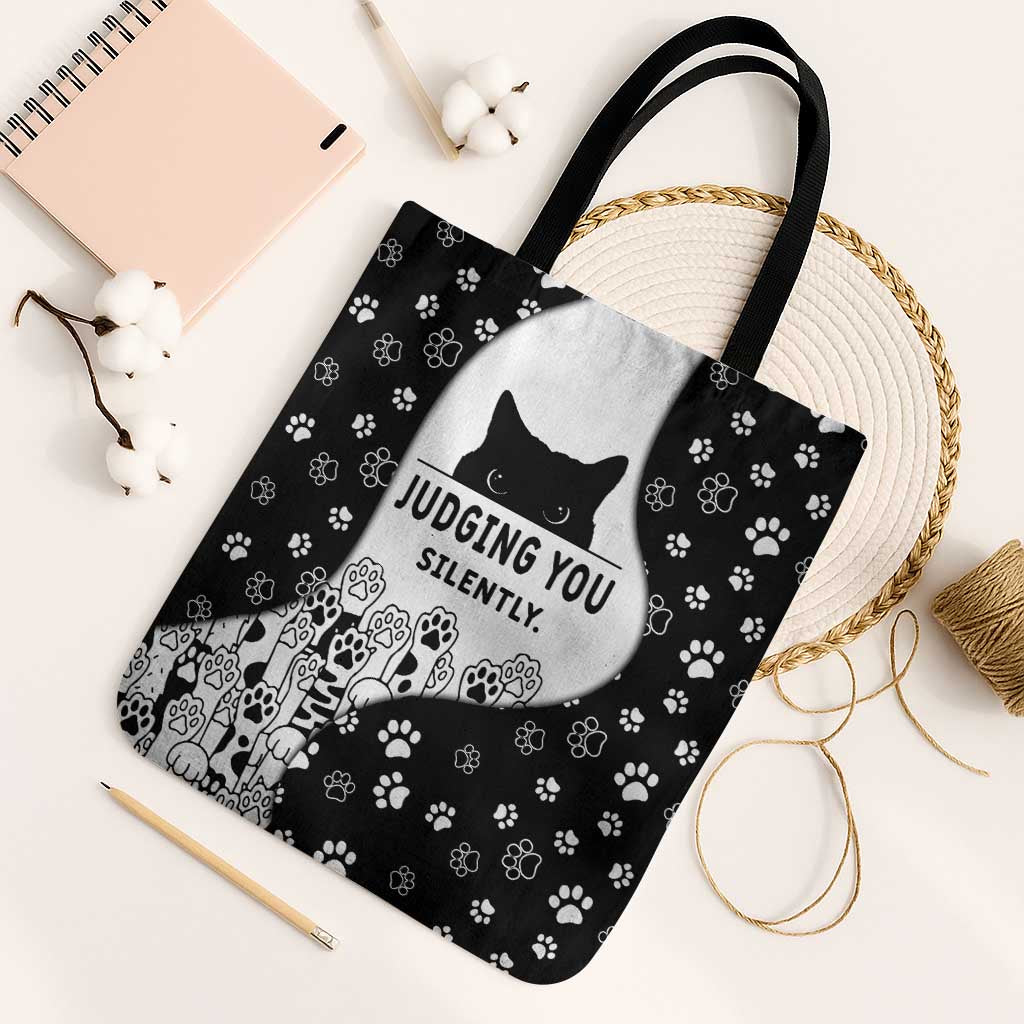 Judging You Silently Tote Bag Black Cat Playful Monochrome Paw Print