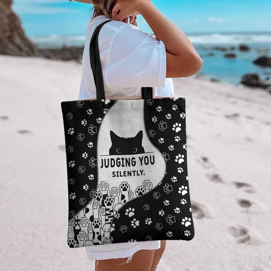 Judging You Silently Tote Bag Black Cat Playful Monochrome Paw Print