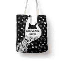 Judging You Silently Tote Bag Black Cat Playful Monochrome Paw Print