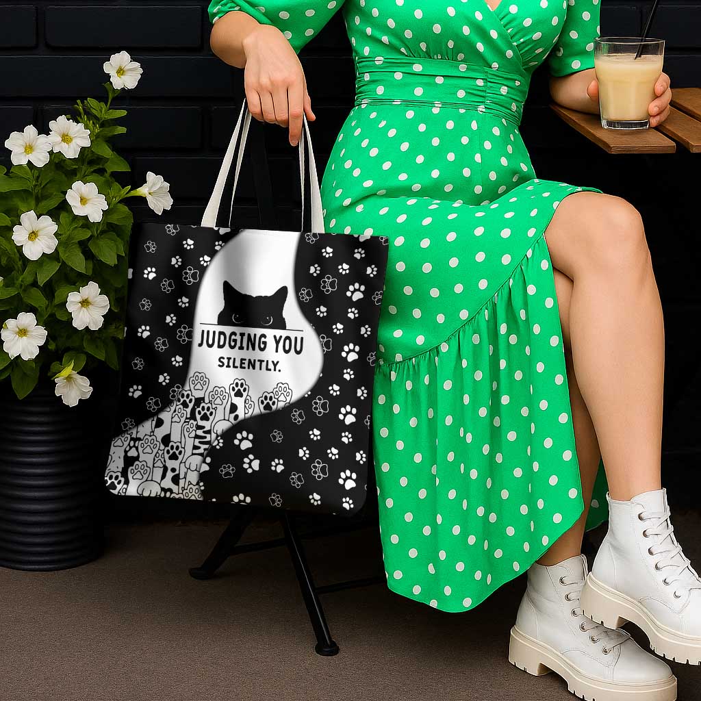 Judging You Silently Tote Bag Black Cat Playful Monochrome Paw Print