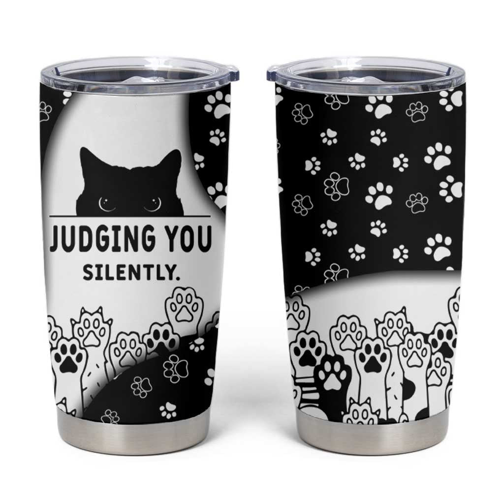 Judging You Silently Tumbler Cup Black Cat Playful Monochrome Paw Print