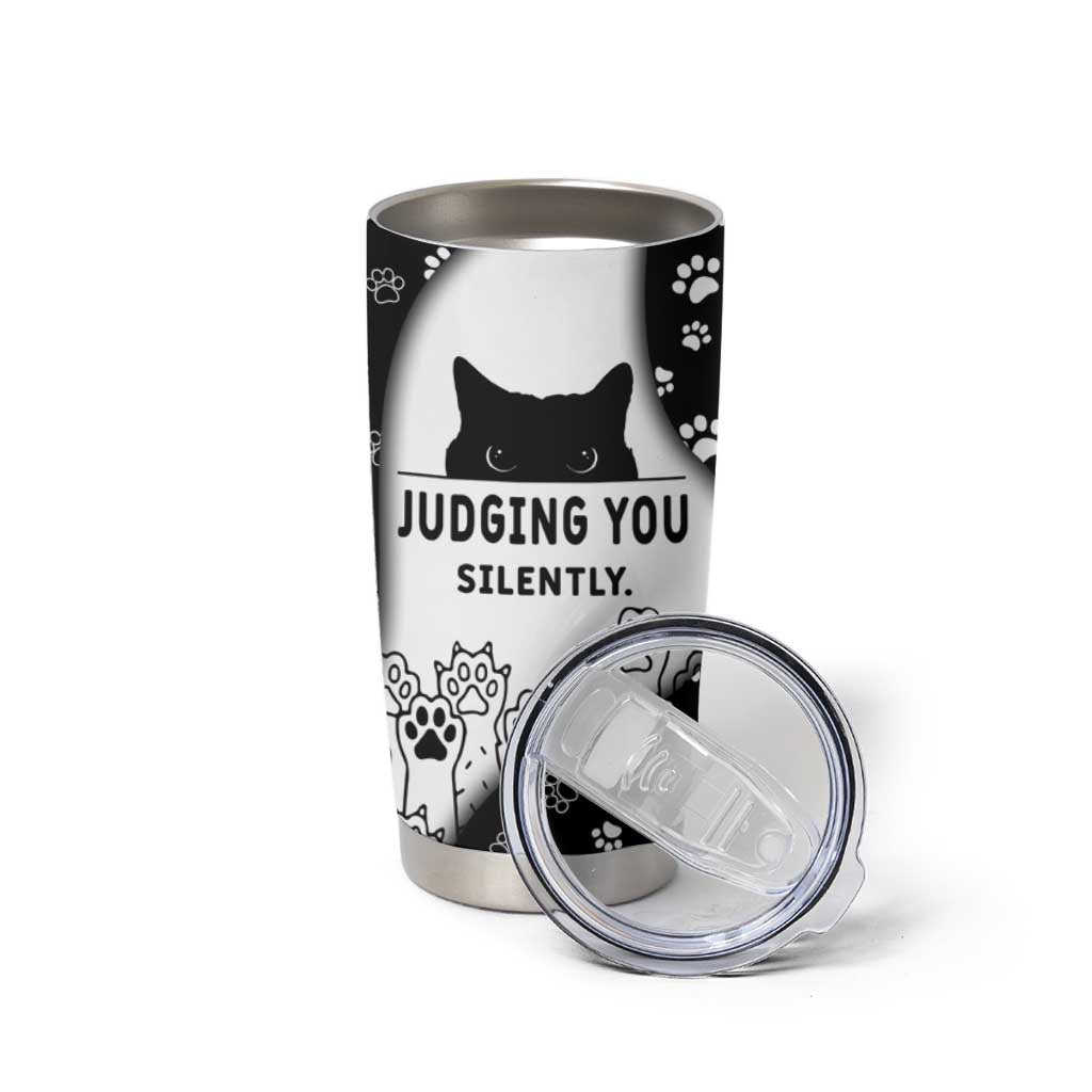 Judging You Silently Tumbler Cup Black Cat Playful Monochrome Paw Print