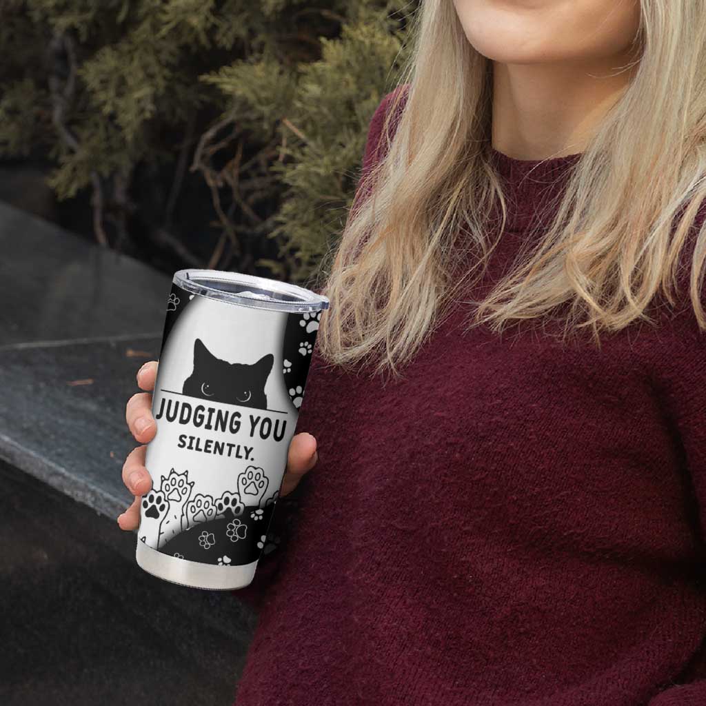 Judging You Silently Tumbler Cup Black Cat Playful Monochrome Paw Print