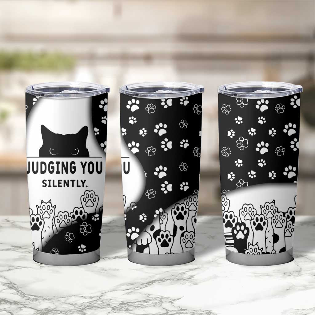 Judging You Silently Tumbler Cup Black Cat Playful Monochrome Paw Print