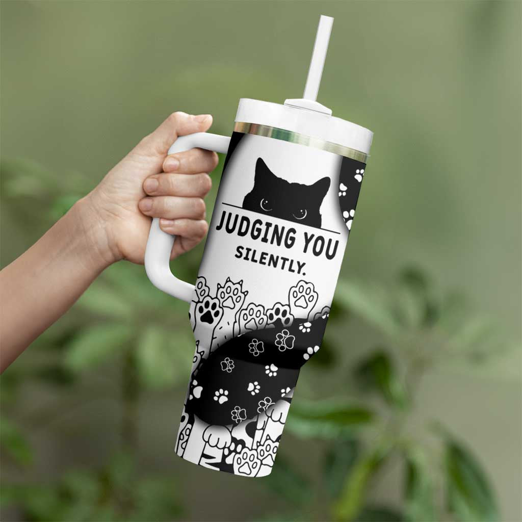 Judging You Silently Tumbler With Handle Black Cat Playful Monochrome Paw Print