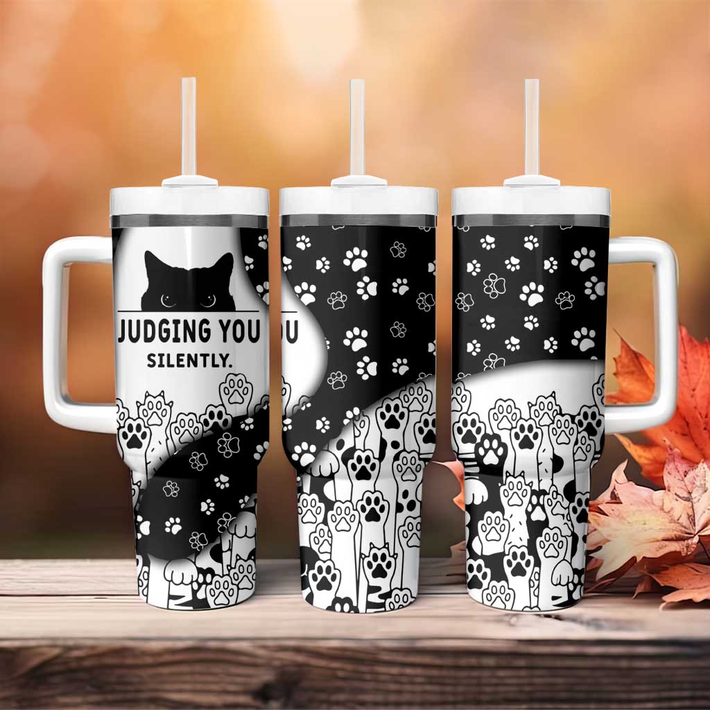 Judging You Silently Tumbler With Handle Black Cat Playful Monochrome Paw Print