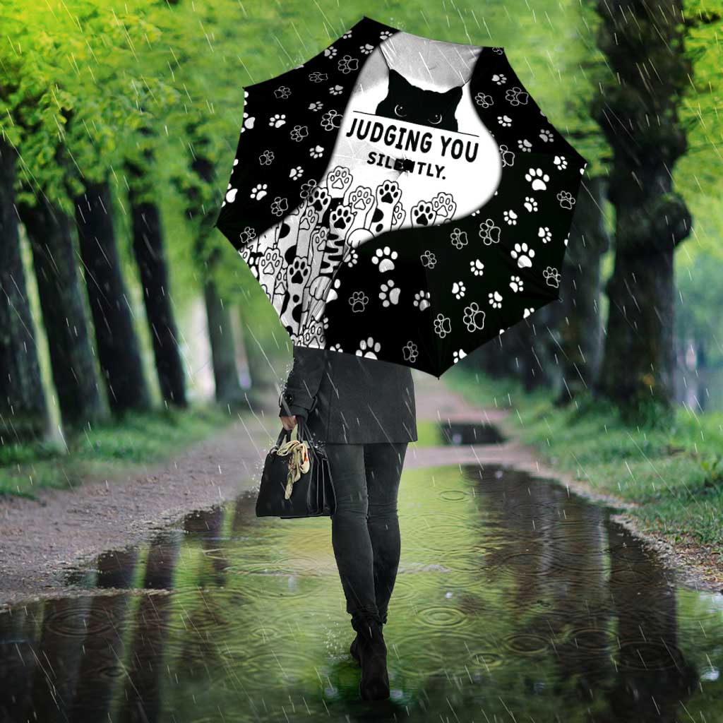 Judging You Silently Umbrella Black Cat Playful Monochrome Paw Print
