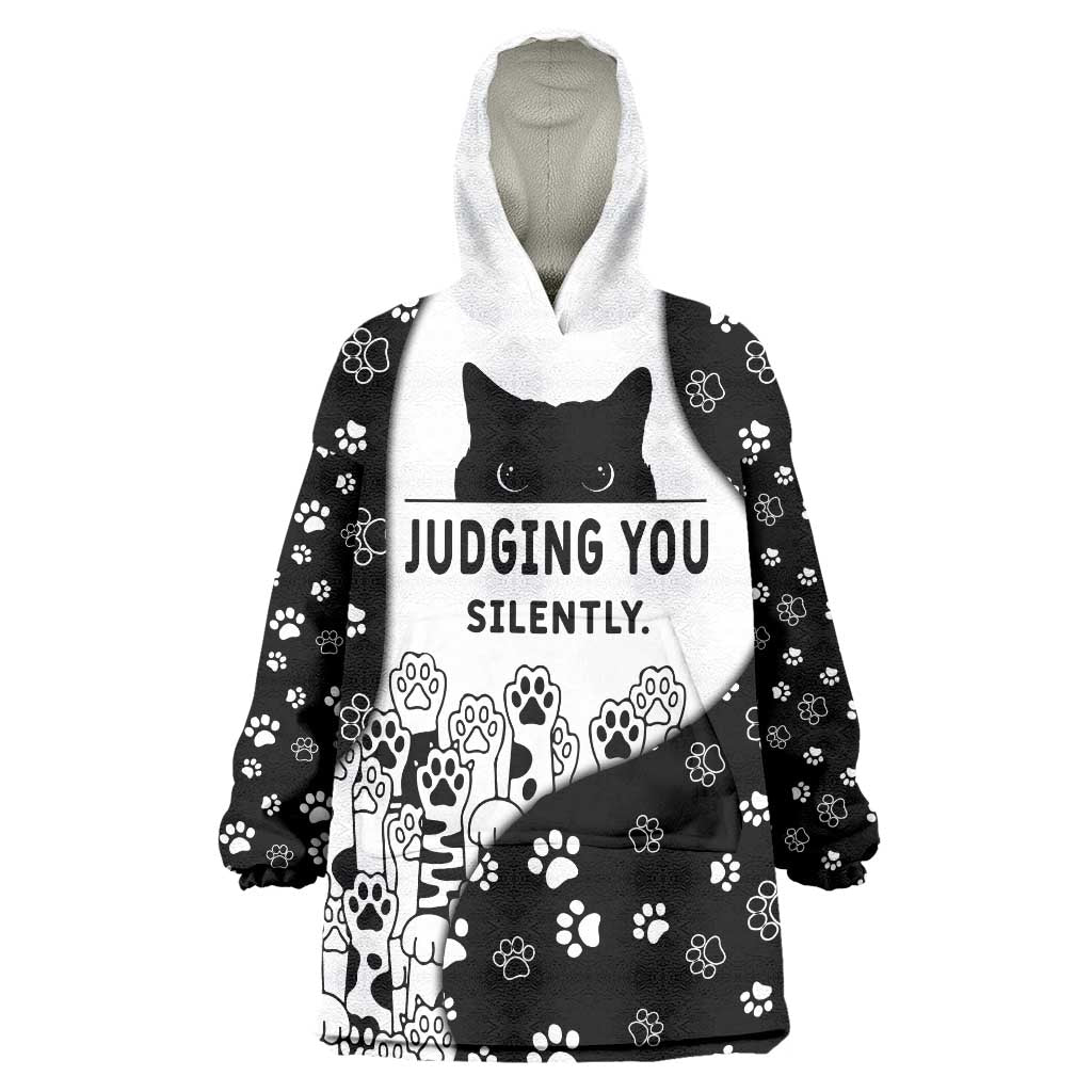 Judging You Silently Wearable Blanket Hoodie Black Cat Playful Monochrome Paw Print