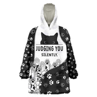 Judging You Silently Wearable Blanket Hoodie Black Cat Playful Monochrome Paw Print