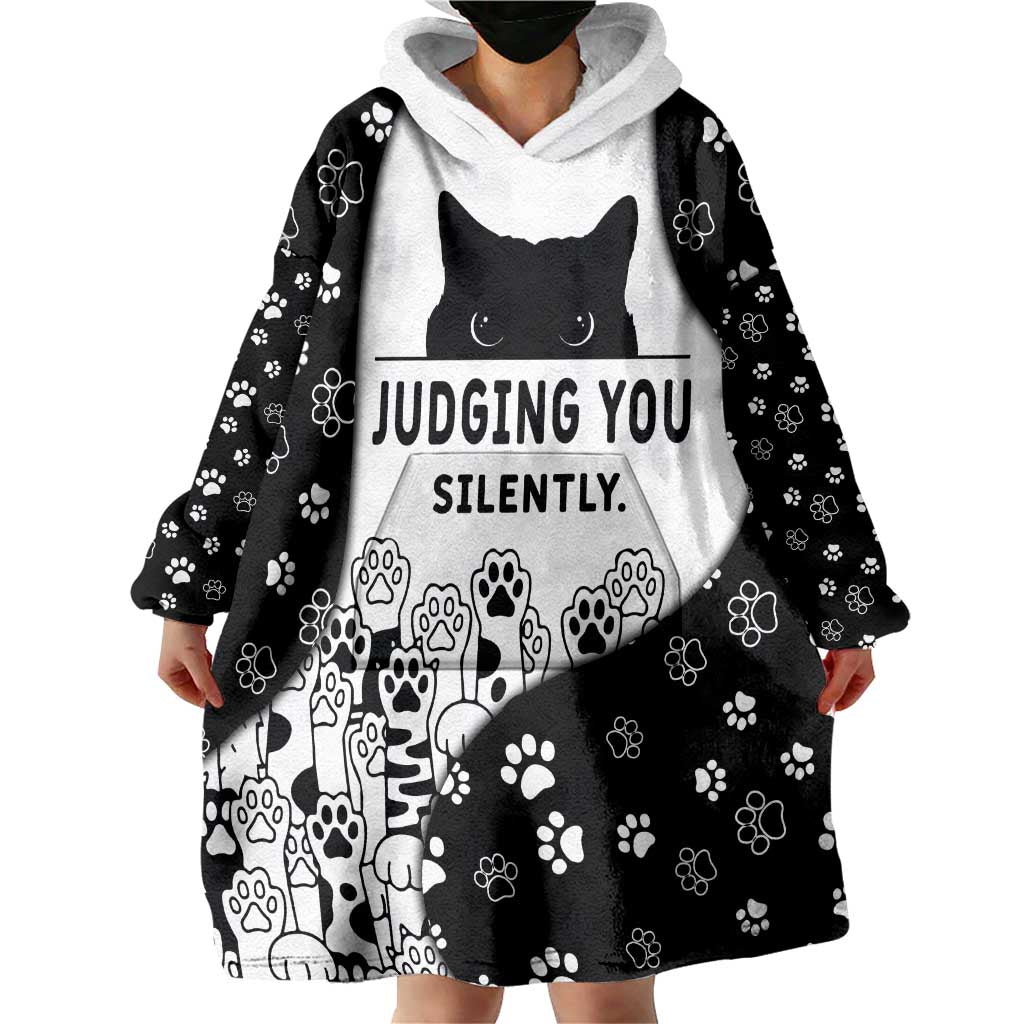 Judging You Silently Wearable Blanket Hoodie Black Cat Playful Monochrome Paw Print