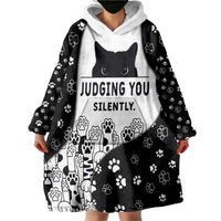 Judging You Silently Wearable Blanket Hoodie Black Cat Playful Monochrome Paw Print