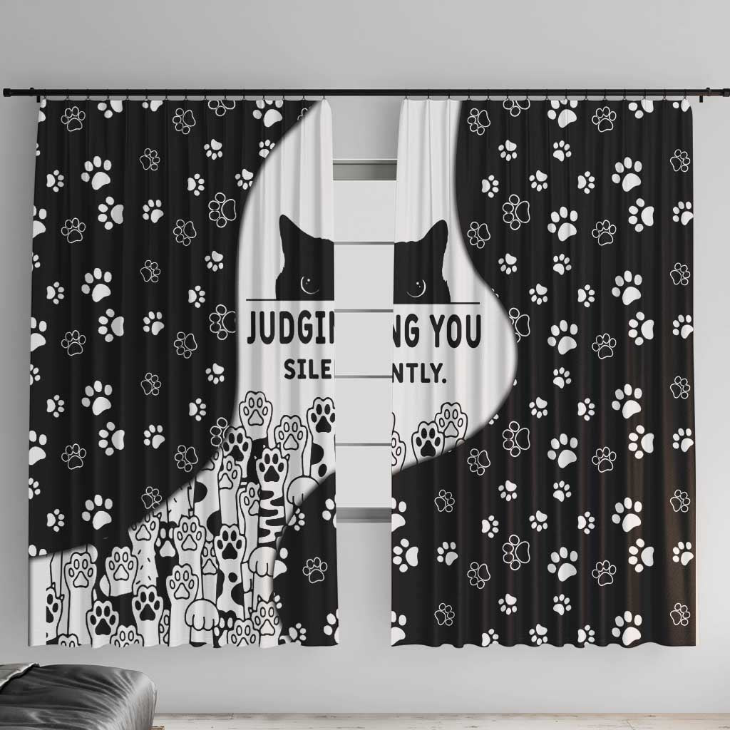 Judging You Silently Window Curtain Black Cat Playful Monochrome Paw Print