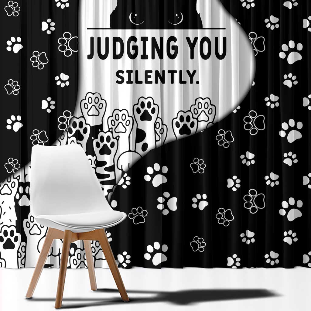 Judging You Silently Window Curtain Black Cat Playful Monochrome Paw Print
