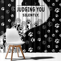 Judging You Silently Window Curtain Black Cat Playful Monochrome Paw Print