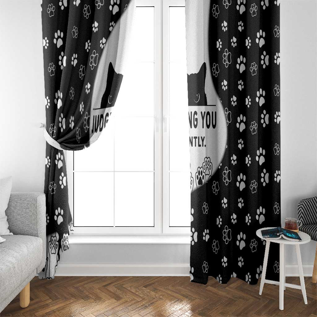 Judging You Silently Window Curtain Black Cat Playful Monochrome Paw Print