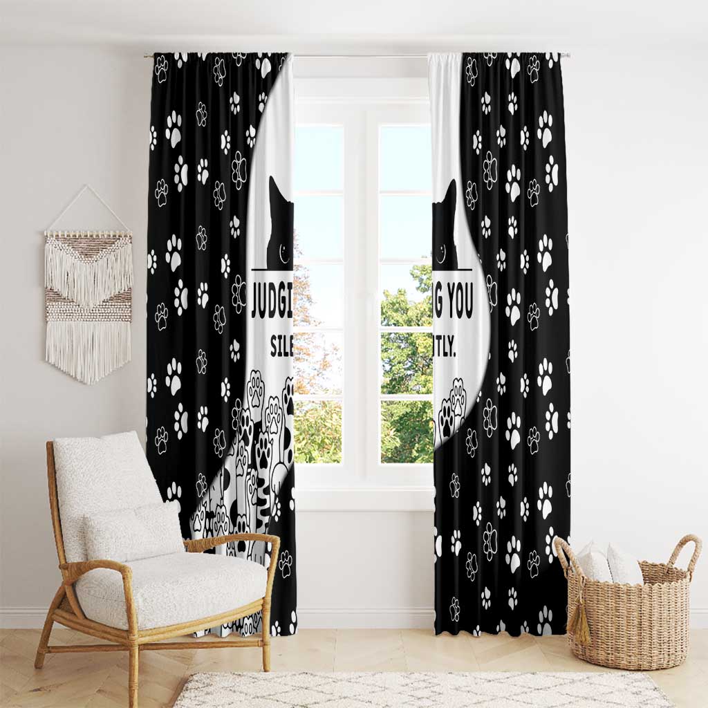 Judging You Silently Window Curtain Black Cat Playful Monochrome Paw Print