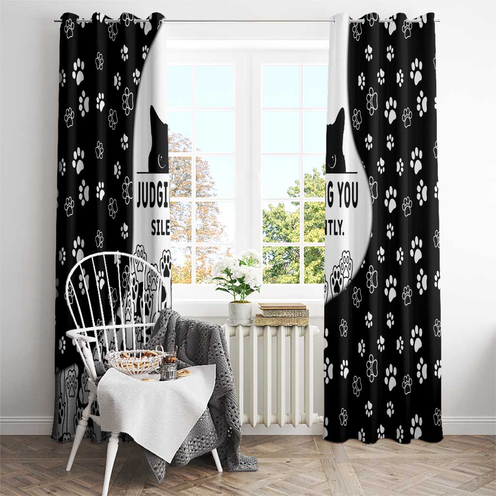 Judging You Silently Window Curtain Black Cat Playful Monochrome Paw Print