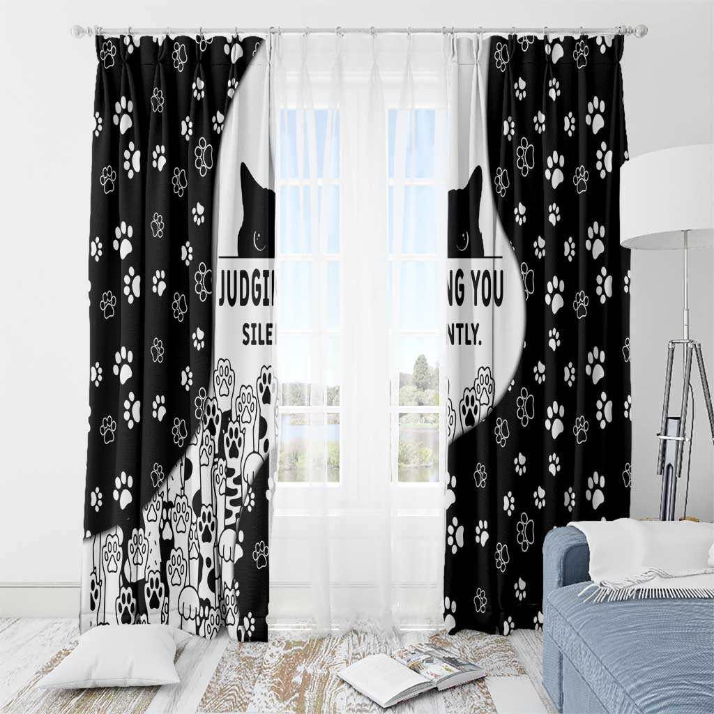 Judging You Silently Window Curtain Black Cat Playful Monochrome Paw Print