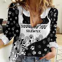 Judging You Silently Women Casual Shirt Black Cat Playful Monochrome Paw Print