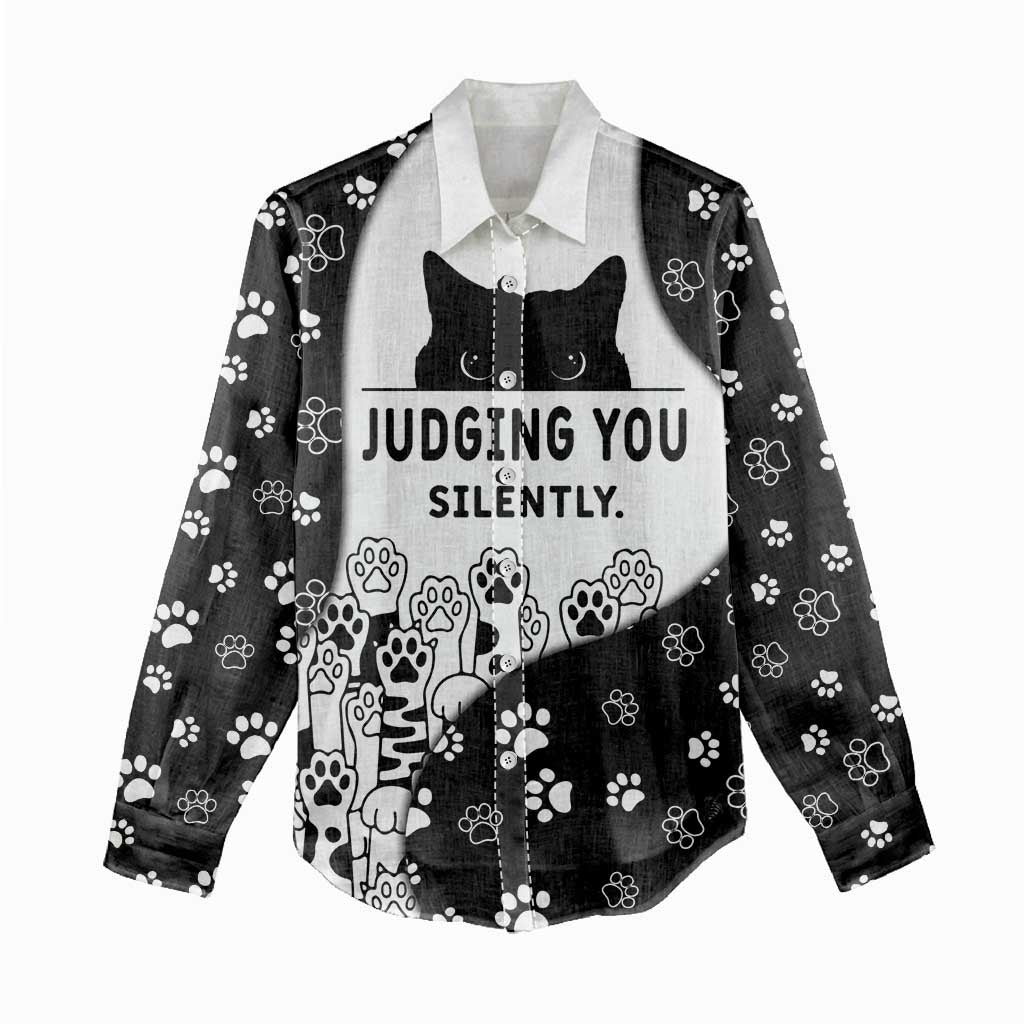 Judging You Silently Women Casual Shirt Black Cat Playful Monochrome Paw Print