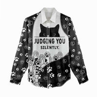 Judging You Silently Women Casual Shirt Black Cat Playful Monochrome Paw Print