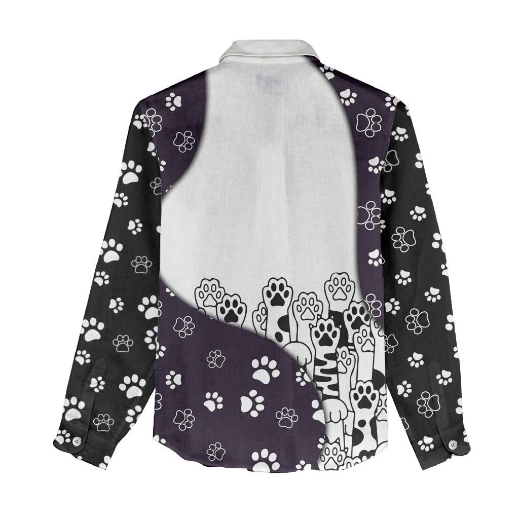 Judging You Silently Women Casual Shirt Black Cat Playful Monochrome Paw Print